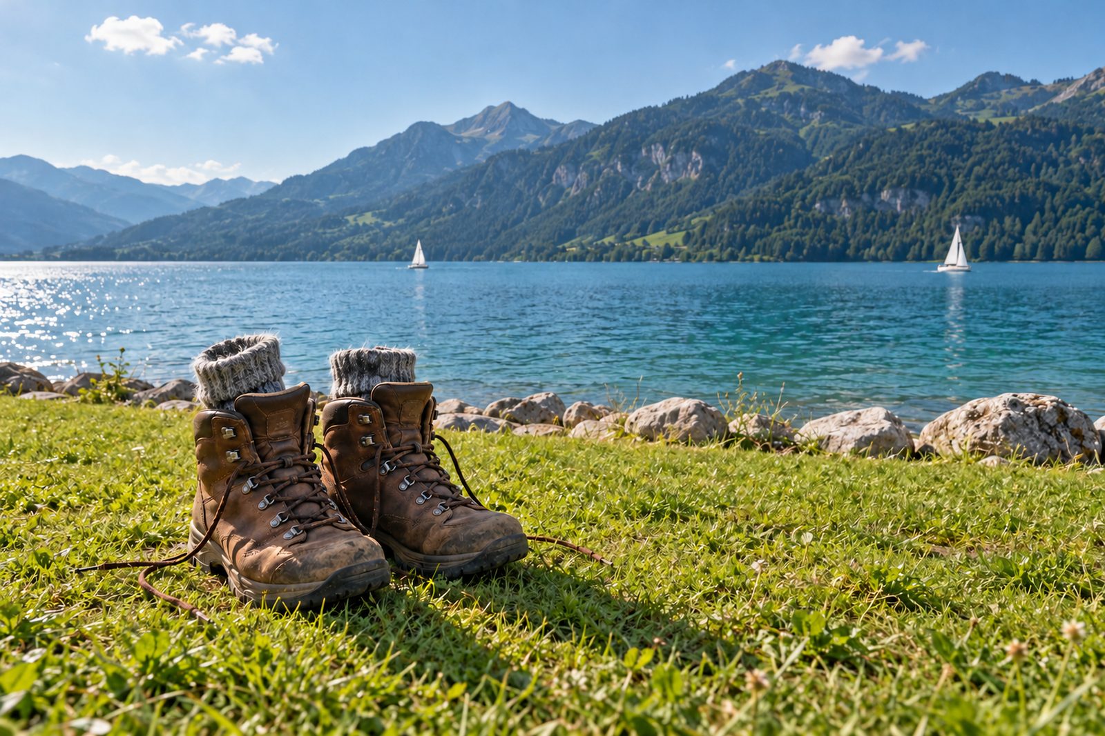 Ausgezogene braune Wanderschuhe mit Wollsocken stehen im Gras am Seeufer, dahinter türkises Wasser, zwei Segelboote und ein bewaldeter Berghang (KI-Illustration)