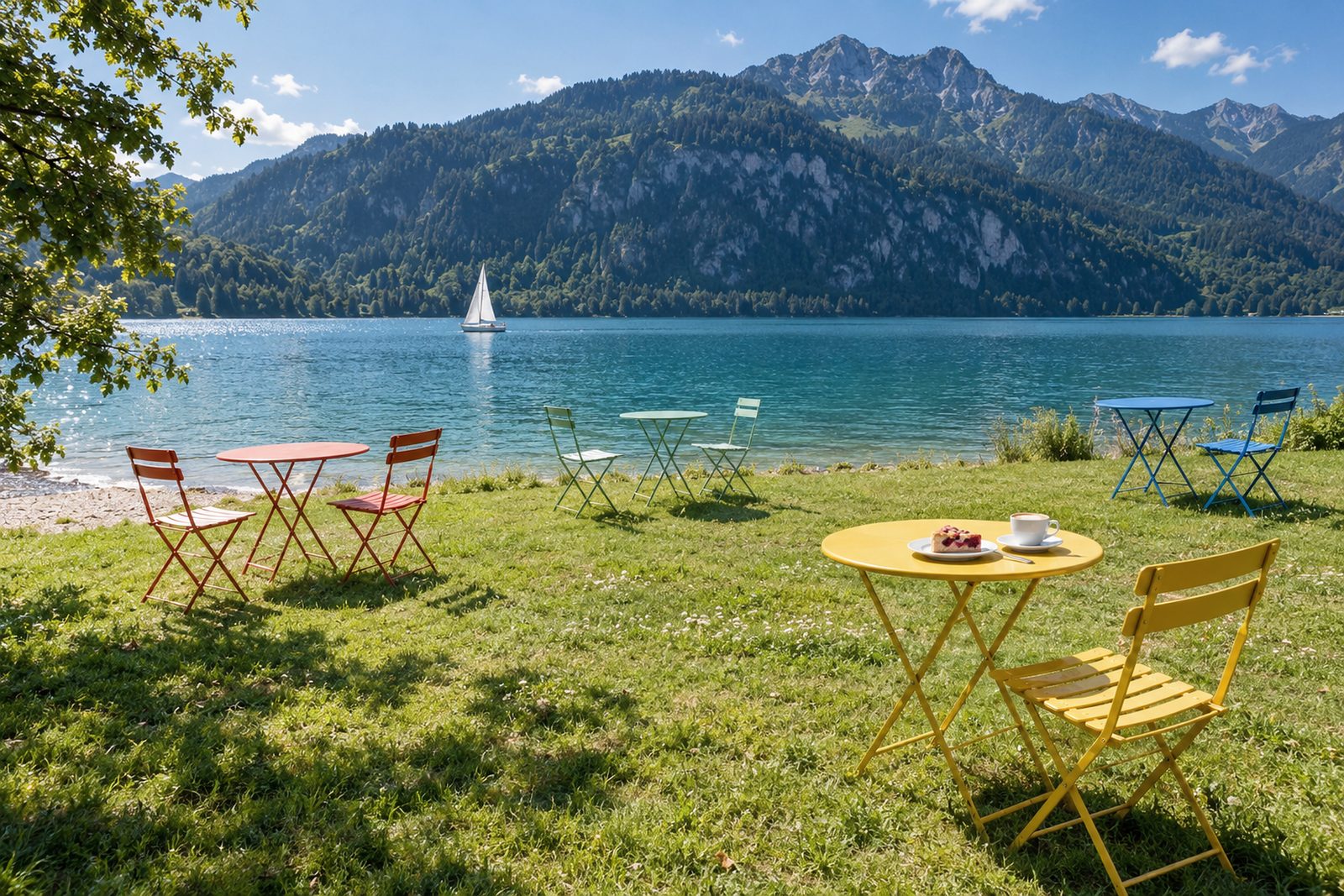 Garten am türkisen Bergsee: vier kleine Metalltische mit gelben, roten, mintgrünen und blauen Klappstühlen weit verteilt auf der Wiese, vorn Kuchen und Cappuccino, links ein schmaler Sandstreifen, draußen ein Segelboot (KI-Illustration)