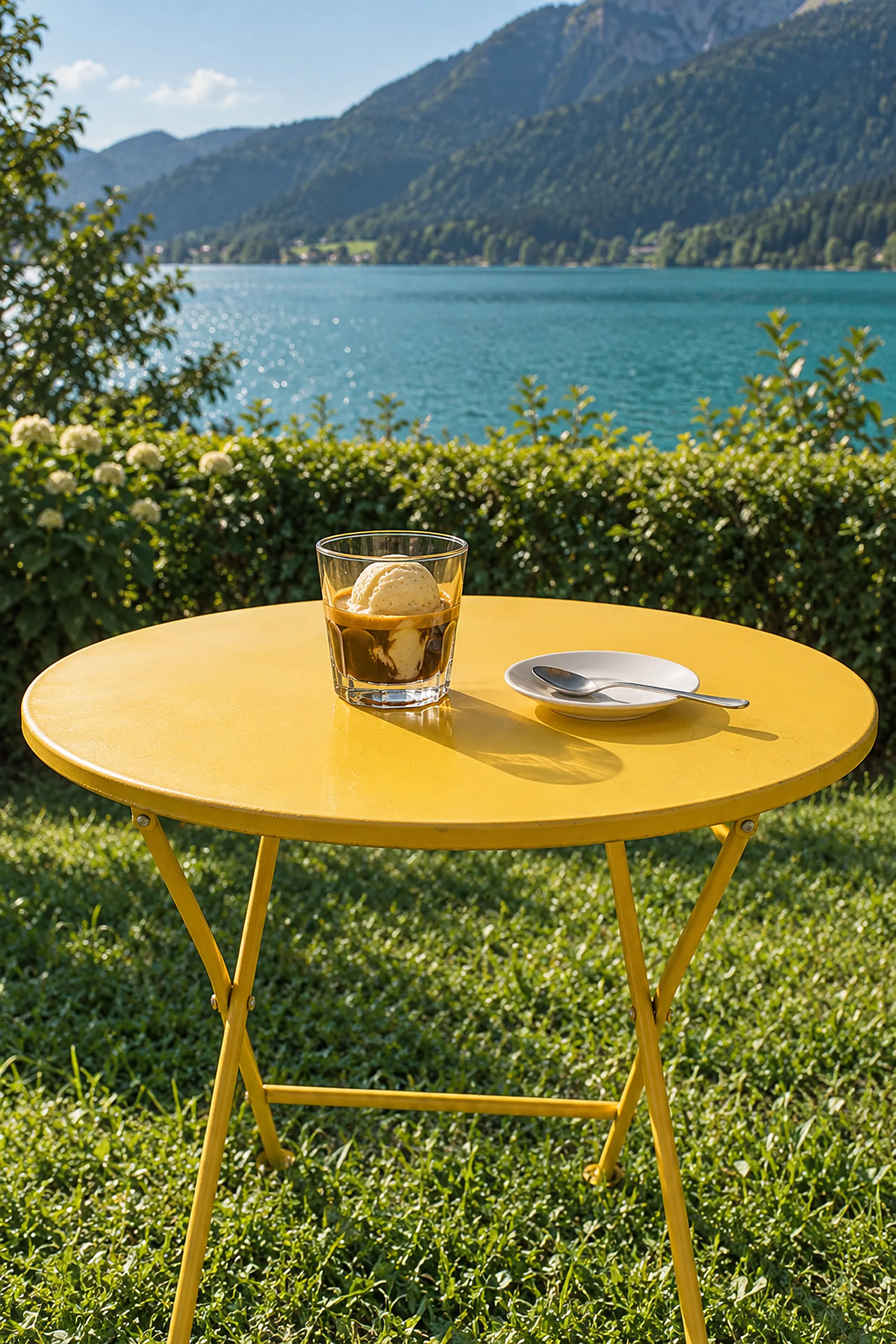 Glas mit Vanilleeis und Espresso auf einem gelben Gartentisch, dahinter Hecke und See (KI-Illustration)