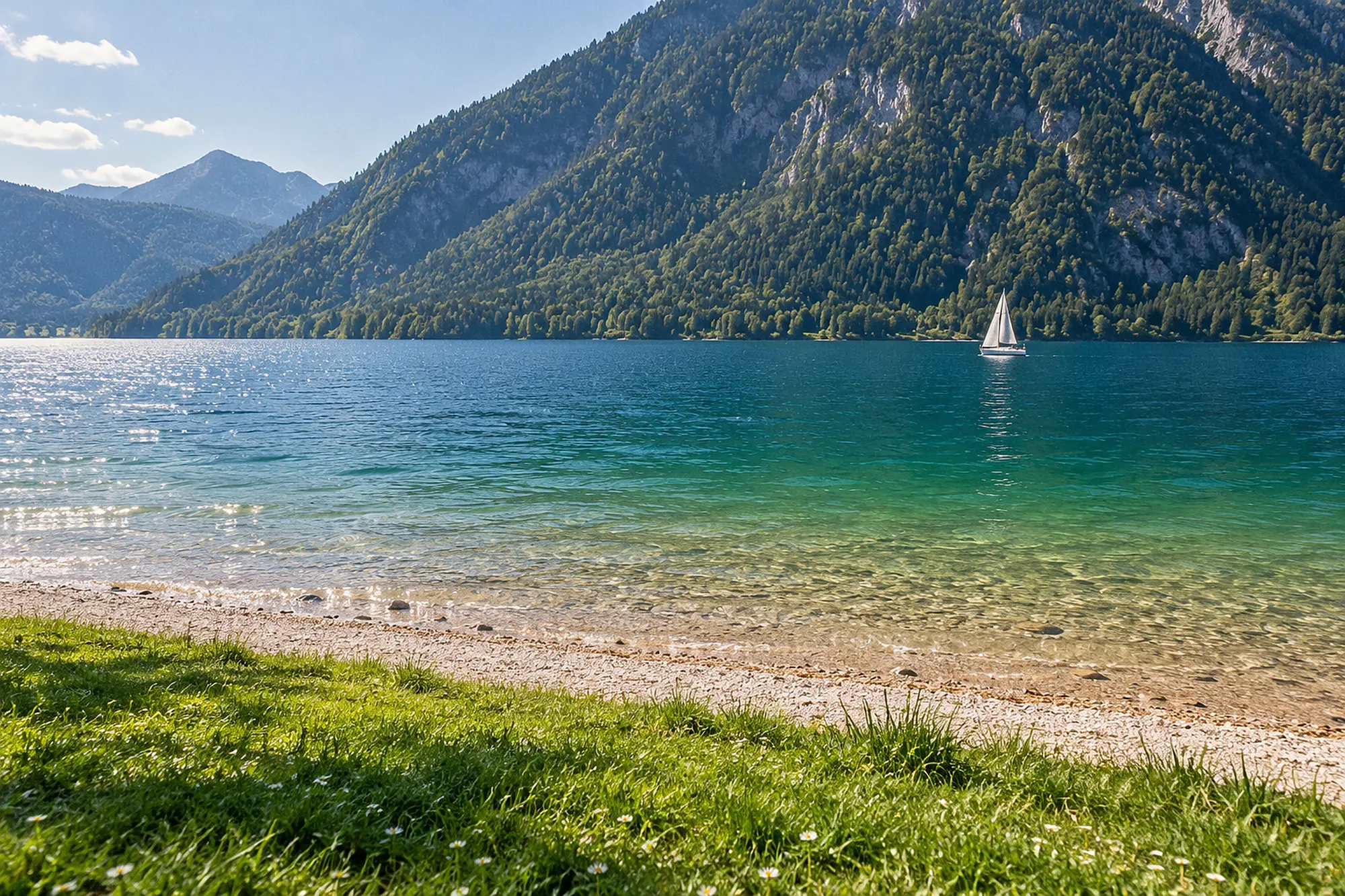 Rasenkante, heller Kiesstrand und klares, türkises Wasser, draußen ein Segelboot vor einem bewaldeten Berghang (KI-Illustration)
